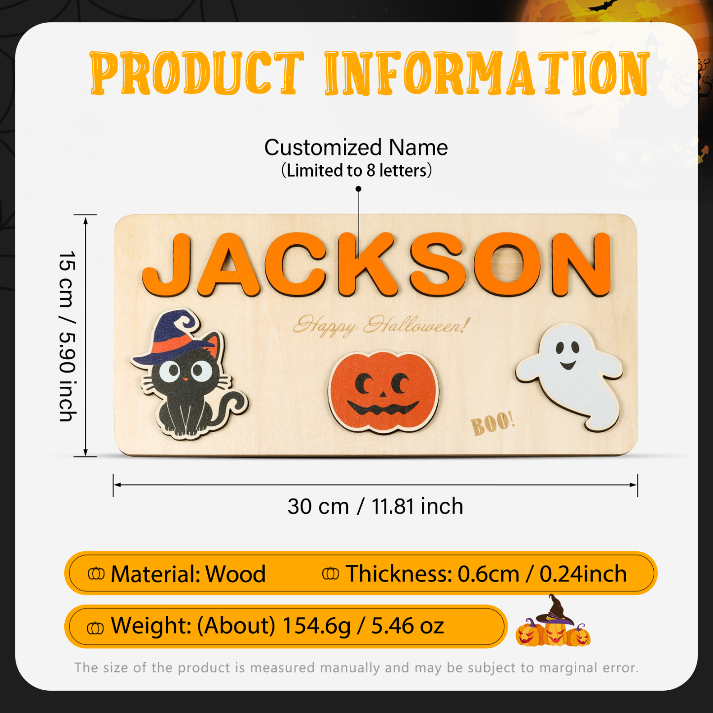 Halloween Kid's Wooden Name Alphabet Puzzle Custom Name Toy for Toddlers Early Learning-Jessemade AU