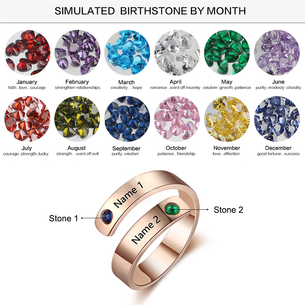 Personalised Ring With 2 Birthstones Engraved Names Ring Gift For Women-Jessemade AU