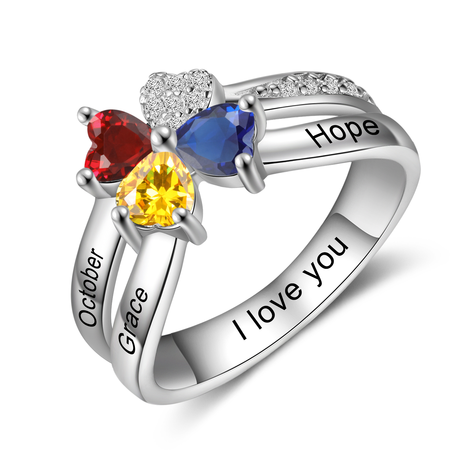 Personalised Ring With 3 Birthstones Engraved Names Ring Best Gift For Women-Jessemade AU