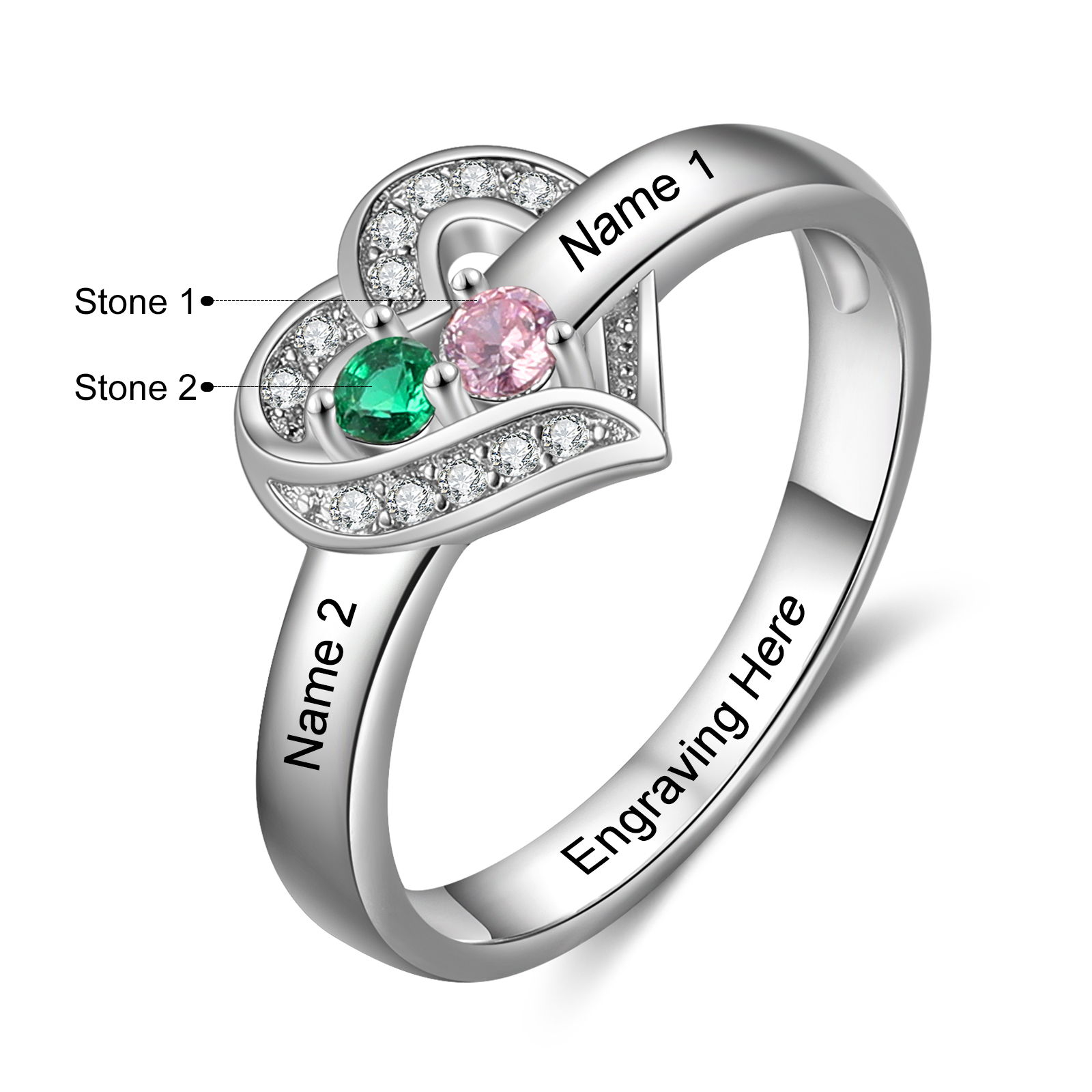 Personalised Heart Ring With 2 Birthstones Engraved Names Ring Gift For Women-Jessemade AU