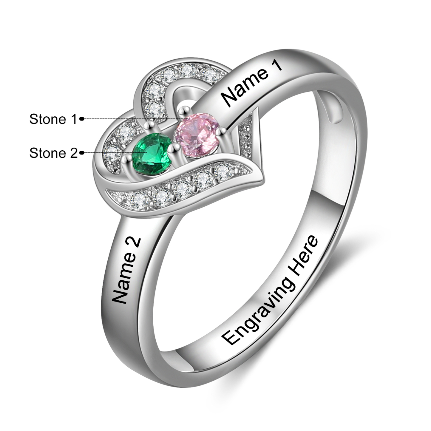 Personalised Heart Ring With 2 Birthstones Engraved Names Ring Gift For Women-Jessemade AU
