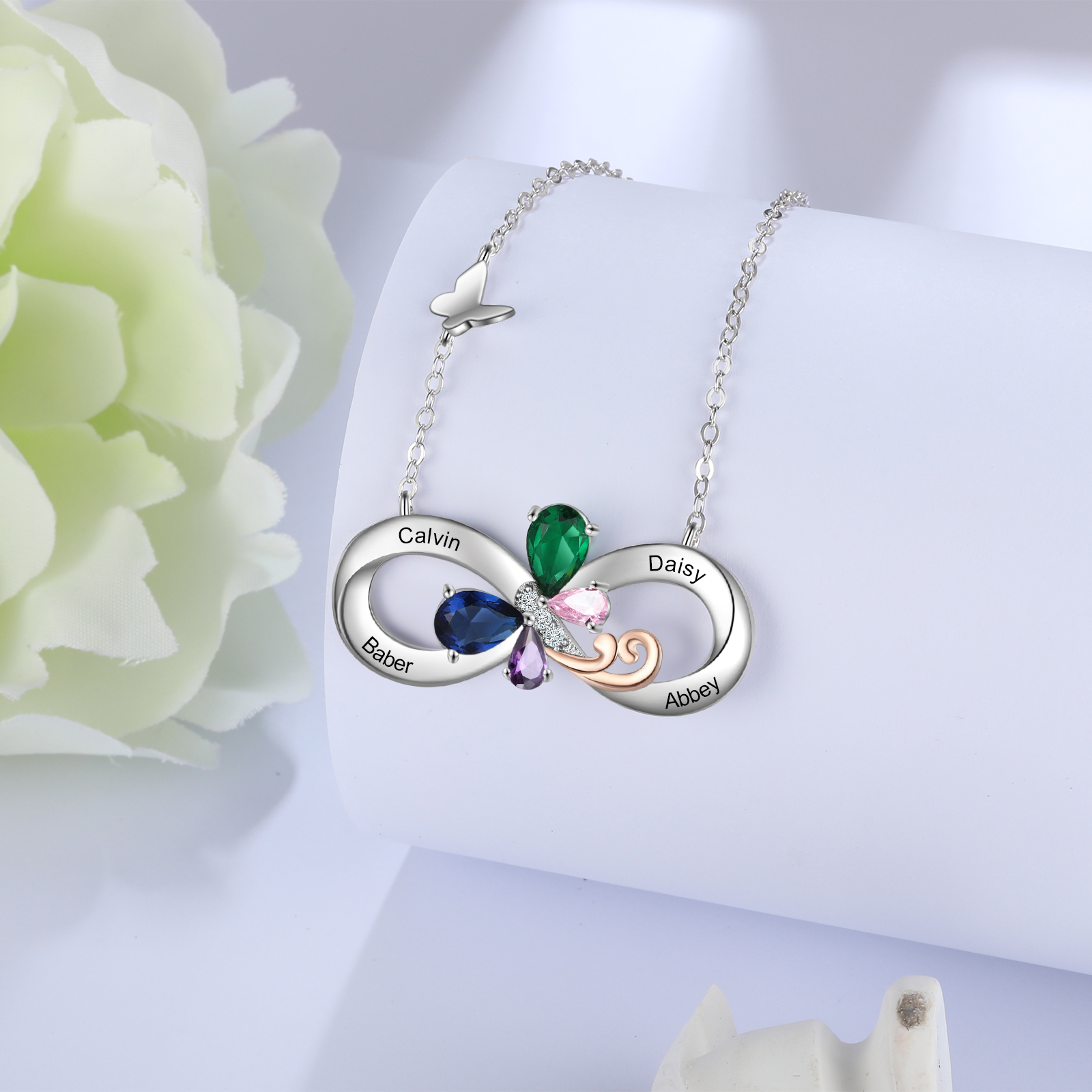 Personalised Infinity Butterfly Necklace With 4 Birthstones Engraved Names Gift For Women-Jessemade AU