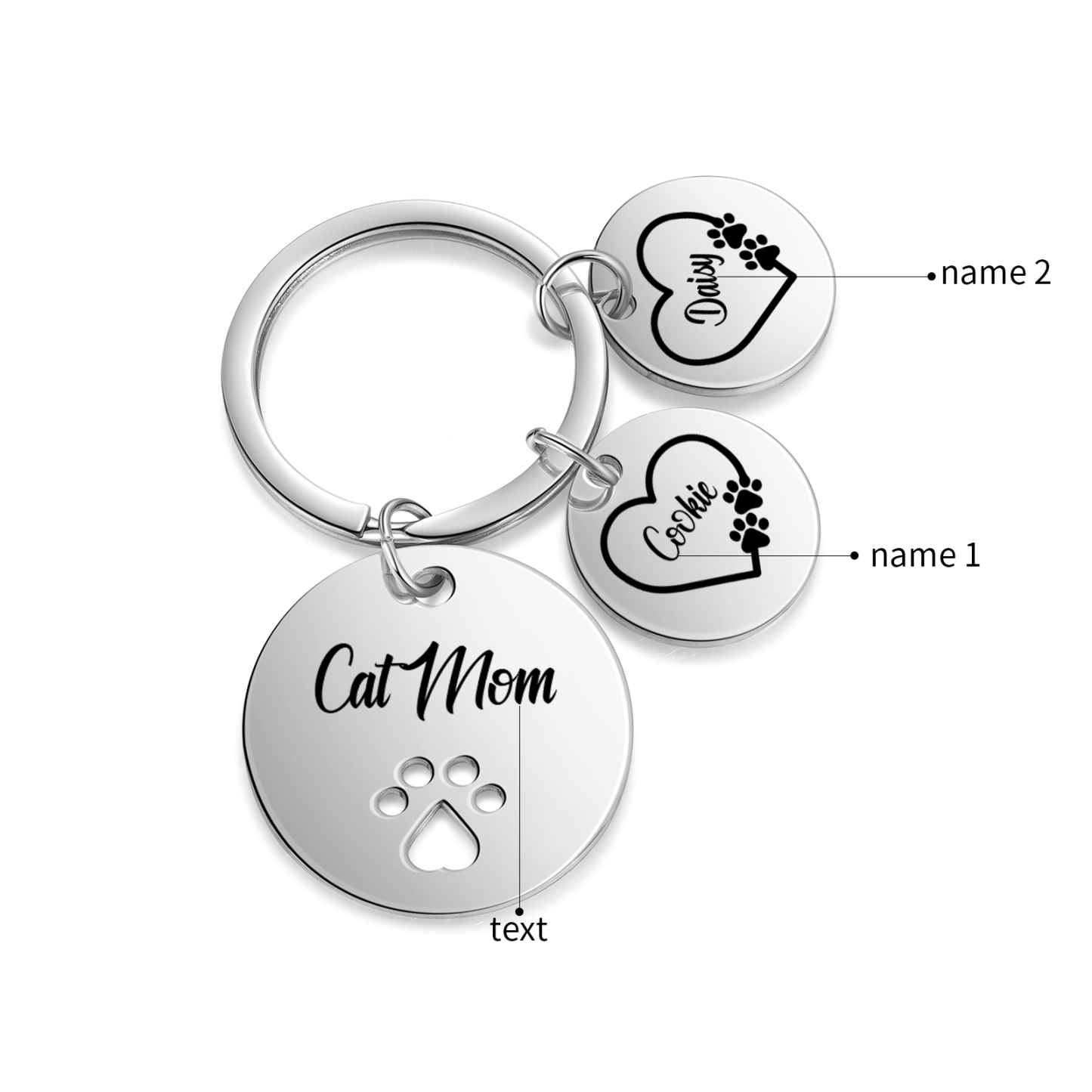 Personalised 2 Names & 1 Text Keychain Cat Paw Circle Charm Keychain Gift for Mother/Grandma-Jessemade AU