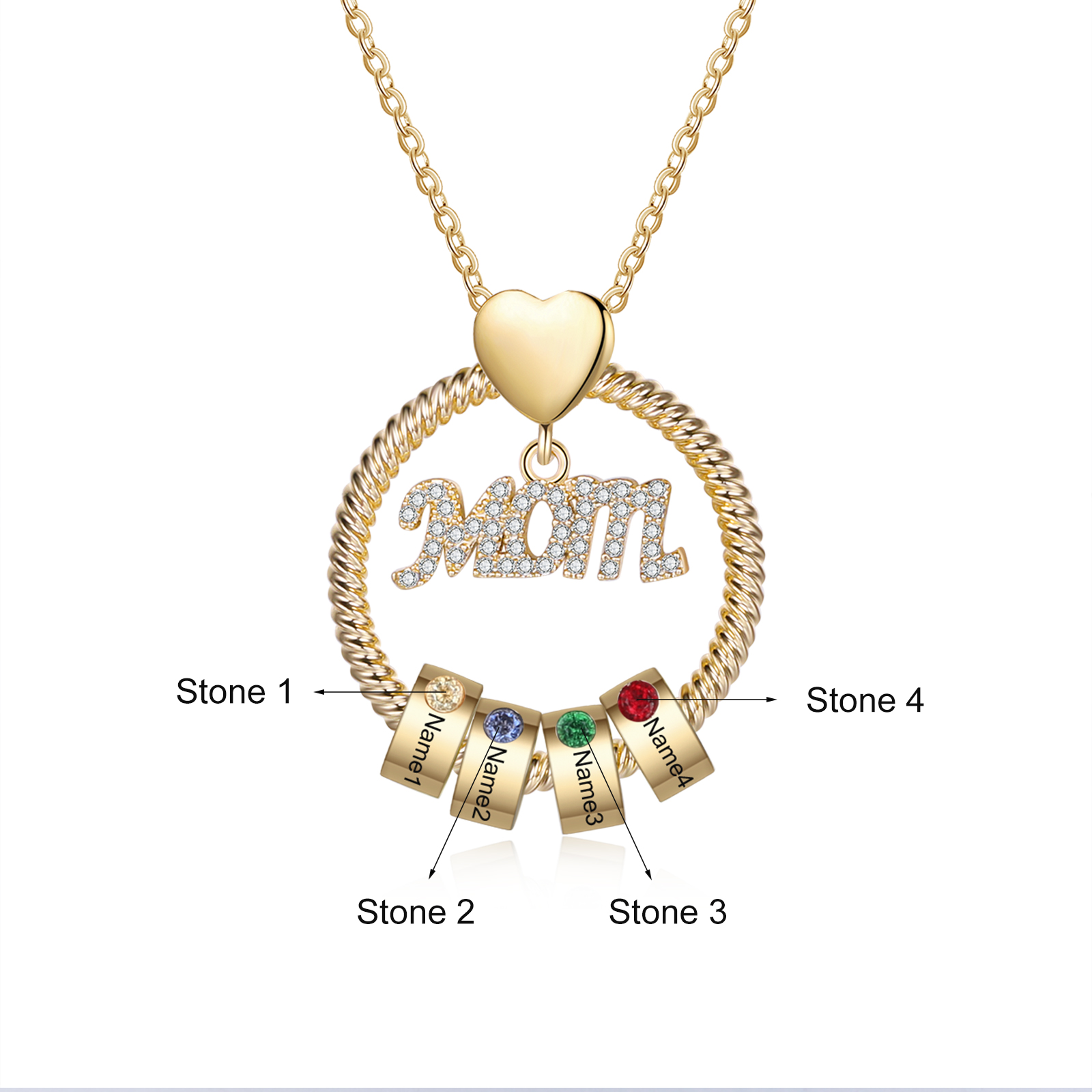 Personalised Necklace With 4 Birthstones Engraved Names Gift For Mother-Jessemade AU