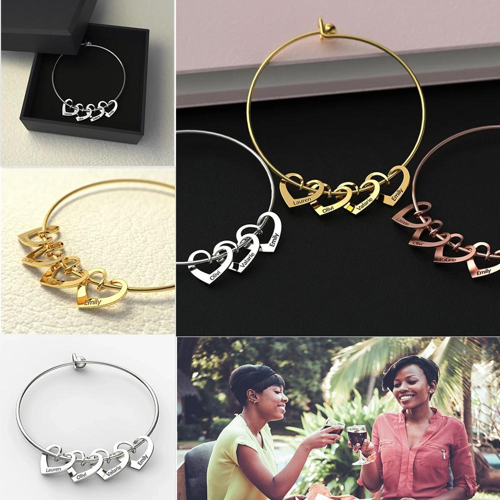 To My Mother Personalised Love Bracelet with 4 Heart Charms Engraved 4 Names Bangle Bracelet-Jessemade AU
