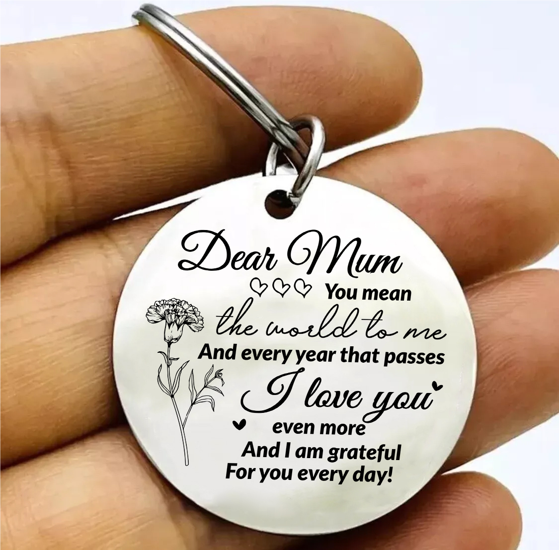 Personalised Text Keychain Circle Pendant Carnation Keychain Gift for Mum/Mom - You Mean The World To Me -Jessemade AU