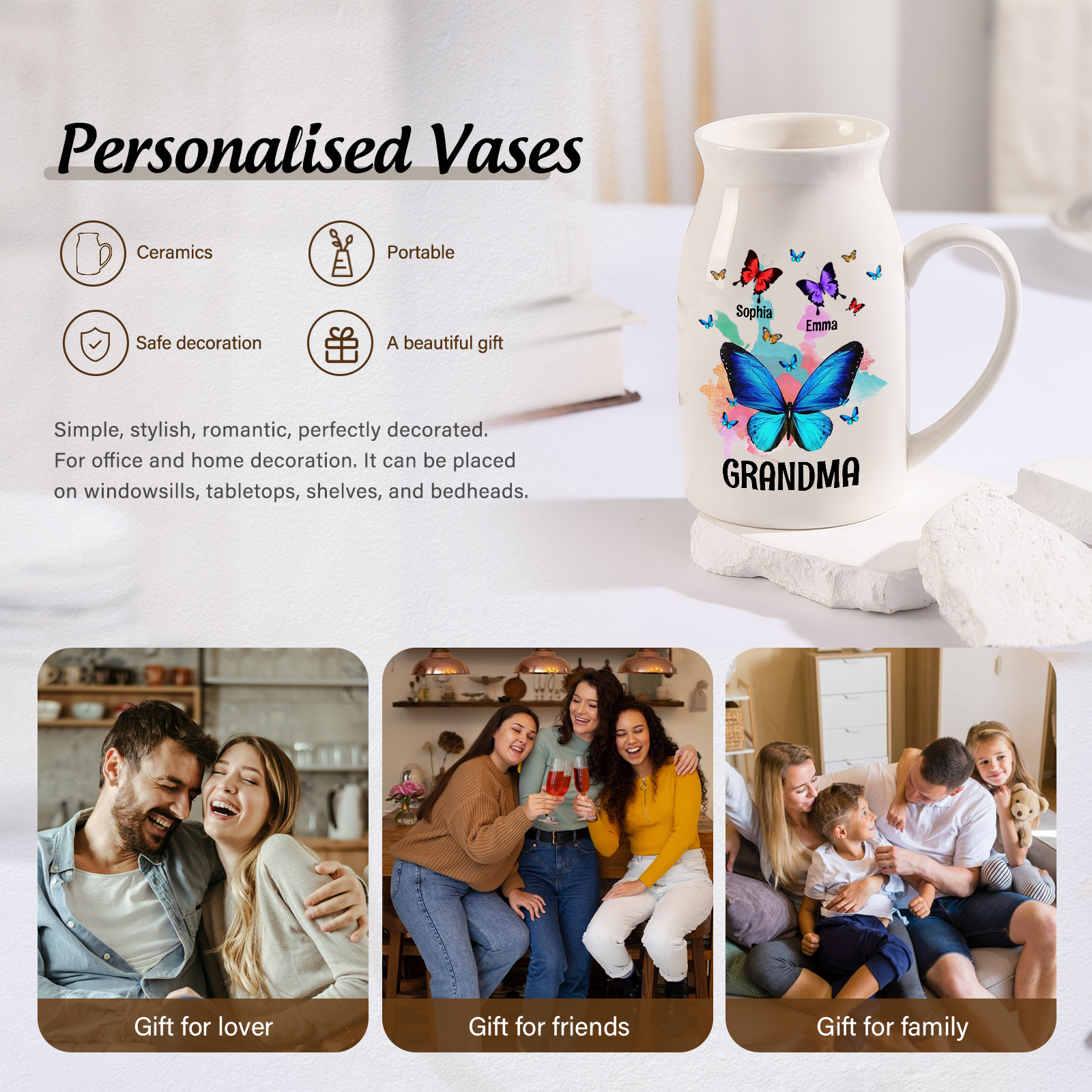 Personalised Ceramic Flower Vase Custom 2–8 Names & 1 Text Colourful Butterfly Vase Gift for Mother/Grandma-Jessemade AU
