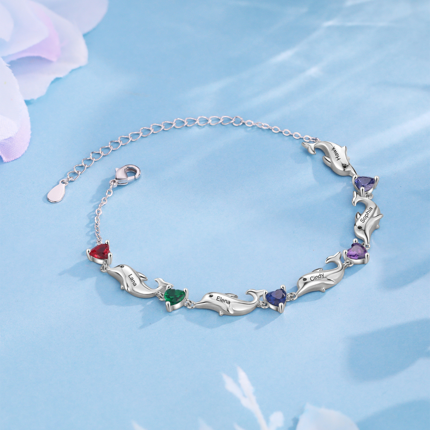 Dolphin Bracelet Personalised 5 Birthstones & 5 Names Women Bracelet-Jessemade AU