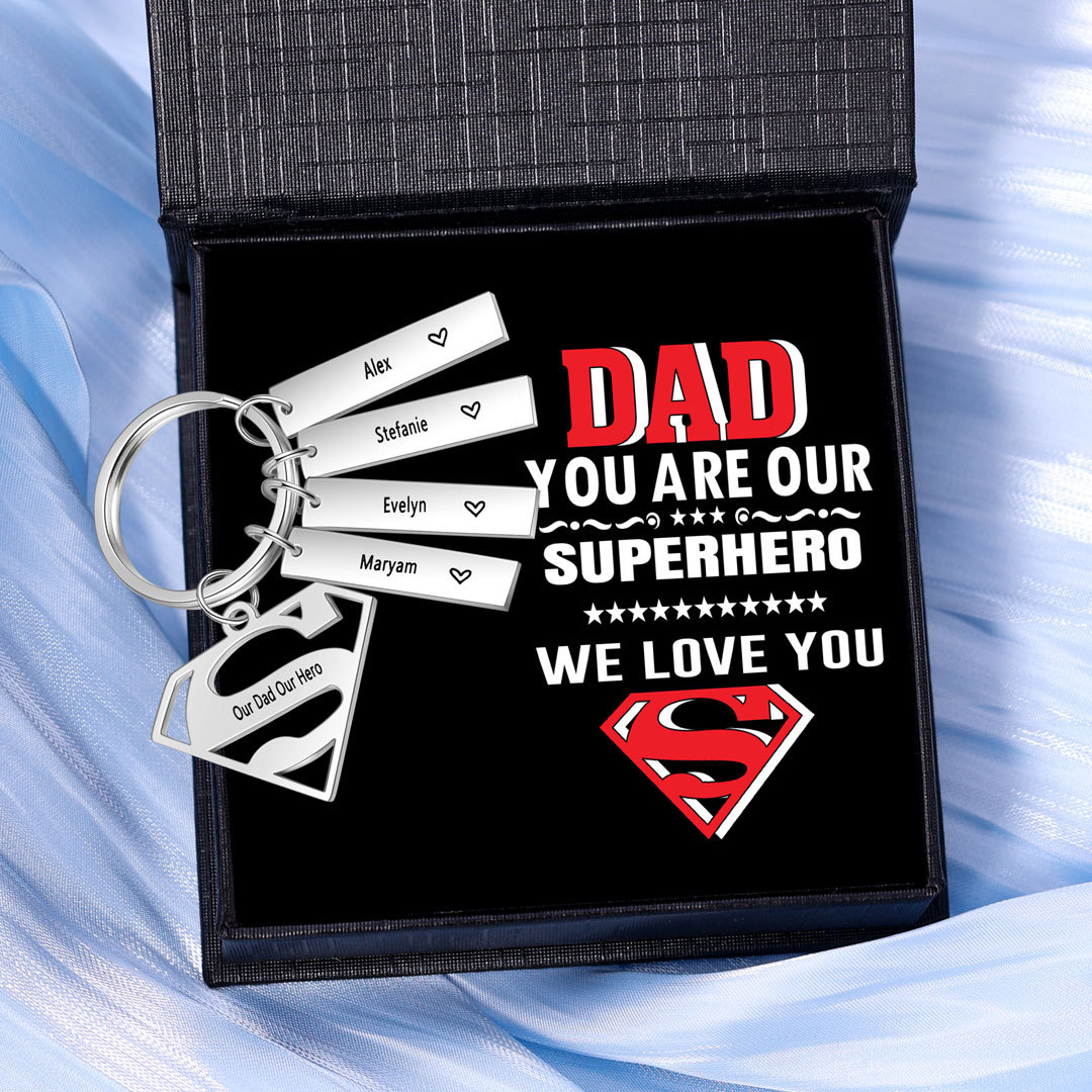 Custom Superhero Dad Sign Keychain Engrave 4 Names For Dad-Jessemade AU