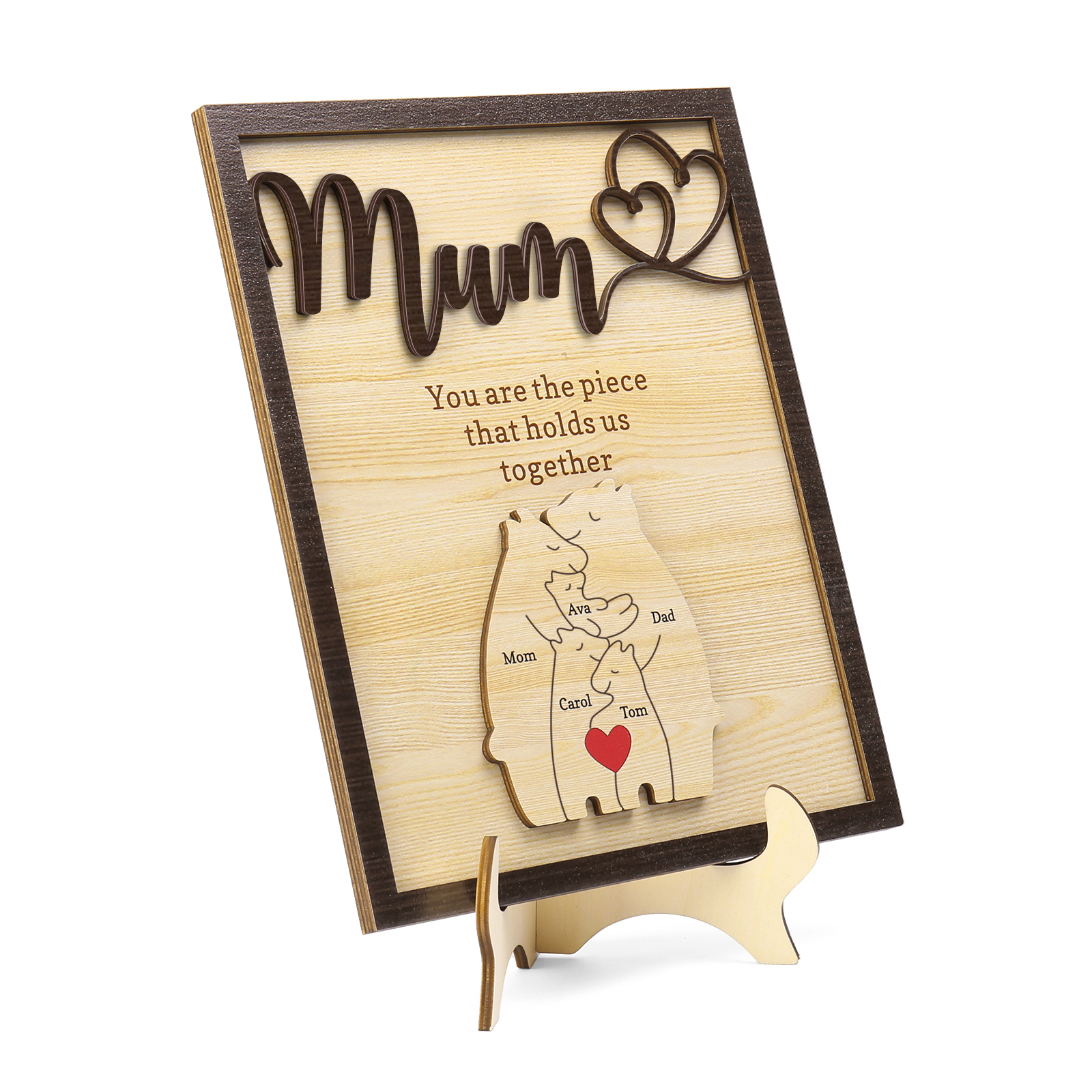 Personalised Bear Puzzle Pieces Wooden Plaque Custom 5 Names Family Ornament With Stand Gifts for Mum - You Are The Piece That Holds Us Together-Jessemade AU