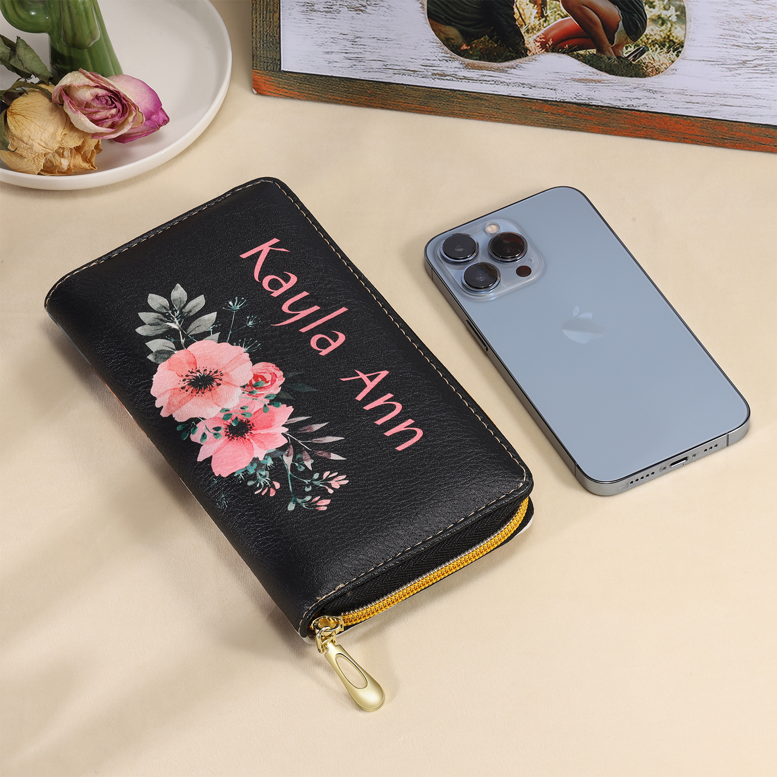 Long Purse Personalised Flower Leather Wallet Engraved 4 Photos Zip Wallet Gifts for Her-Jessemade AU