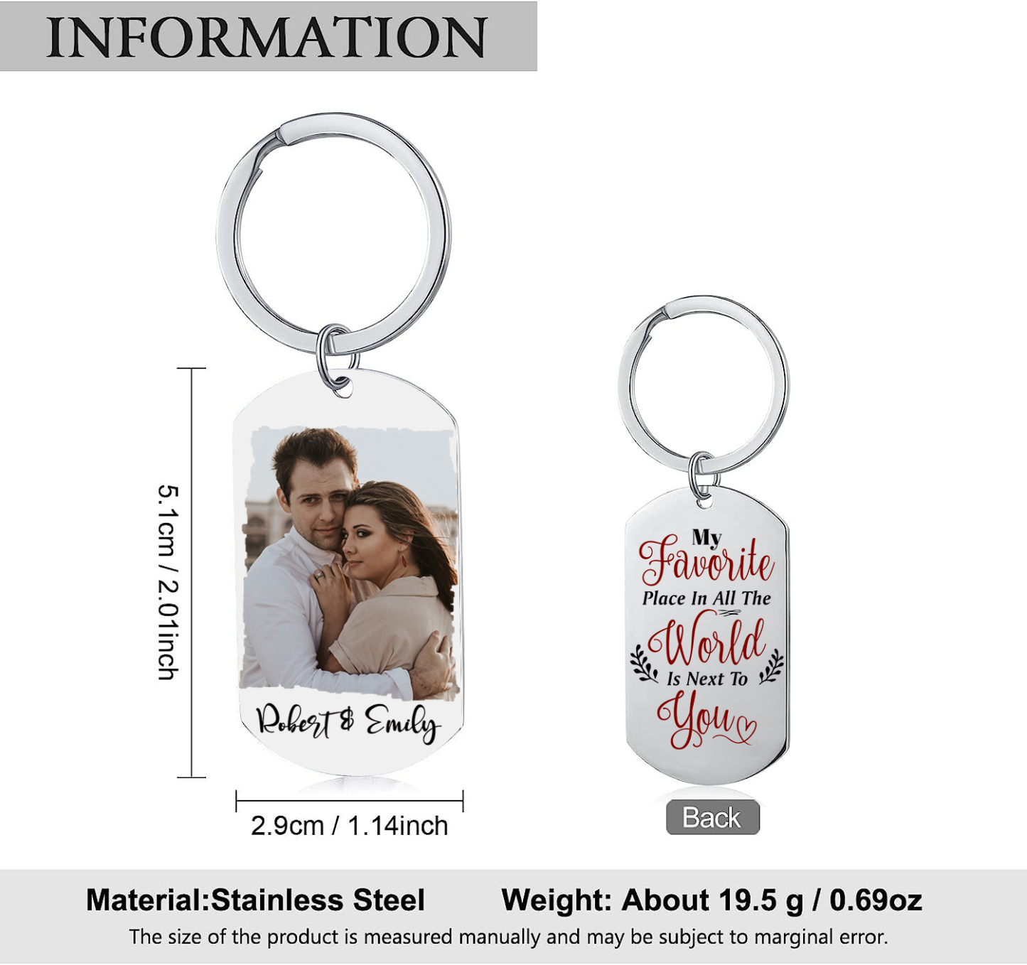 Personalised Couple Photo Keychain Customised 2 Names Keyring Valentine's Day Gifts - My Favourite Place In All The World Is Next To You-Jessemade AU
