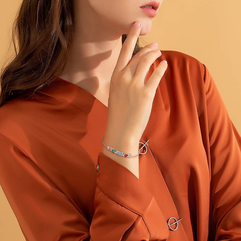 Personalised Bracelet With 6 Heart Birthstones Engraved Names Bracelet Gift For Women-Jessemade AU