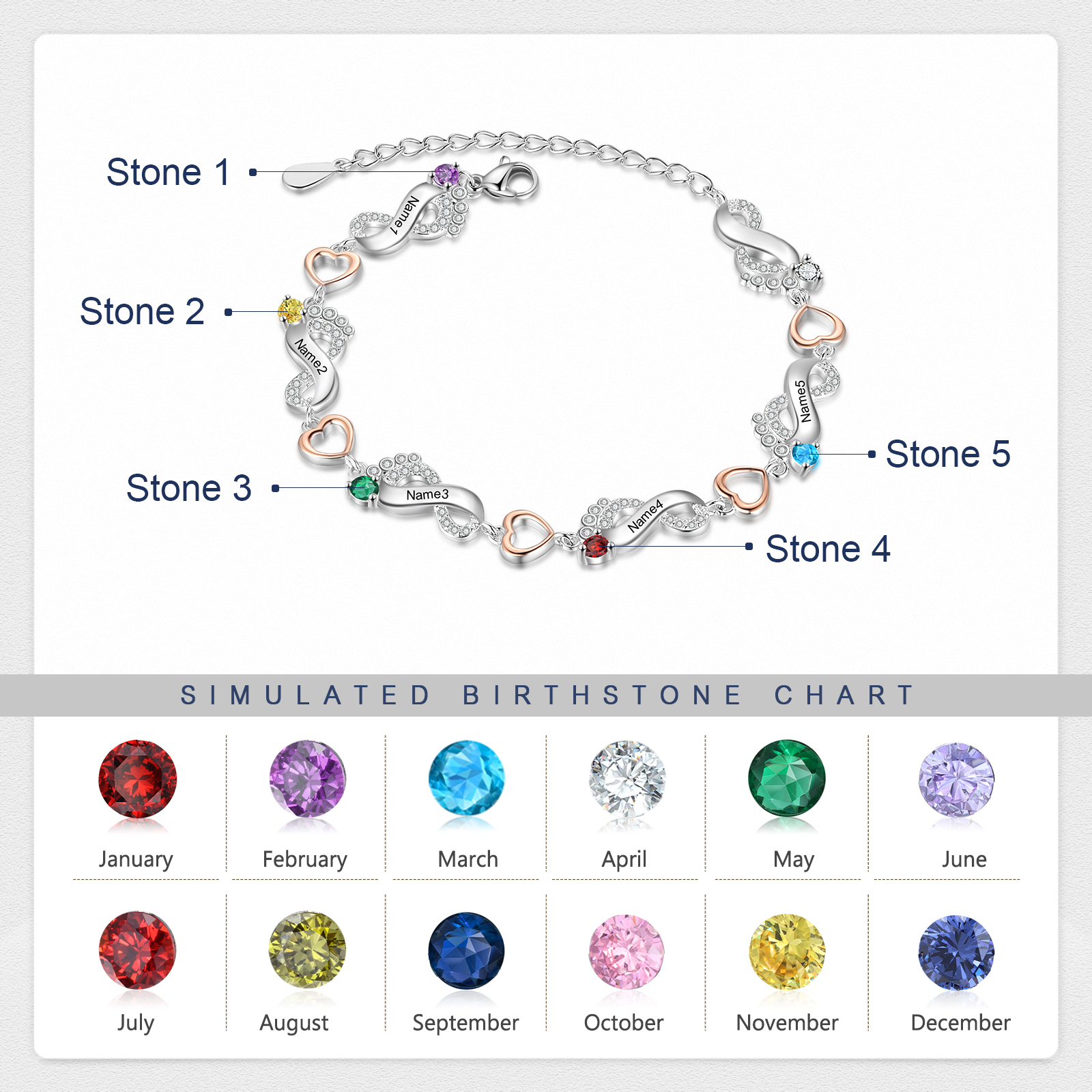 Personalised Baby Feet Bracelet Custom 5 Birthstones Heart Bracelet Gifts For Women-Jessemade AU