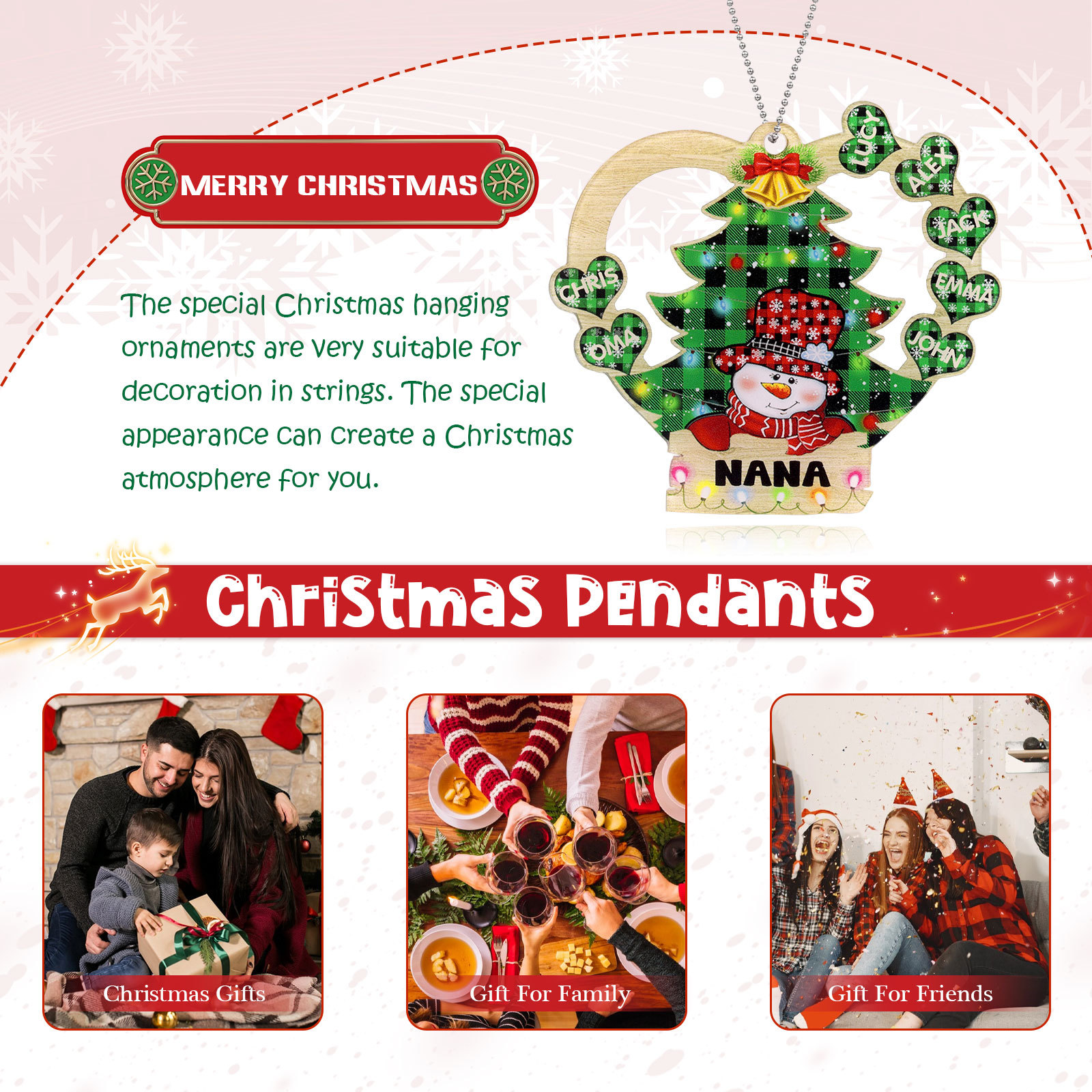 7 Names - Personalised Heart Christmas Tree Ornament Customised Name & Text Acrylic Snowman Hanging Ornaments Gift for Family-Jessemade AU