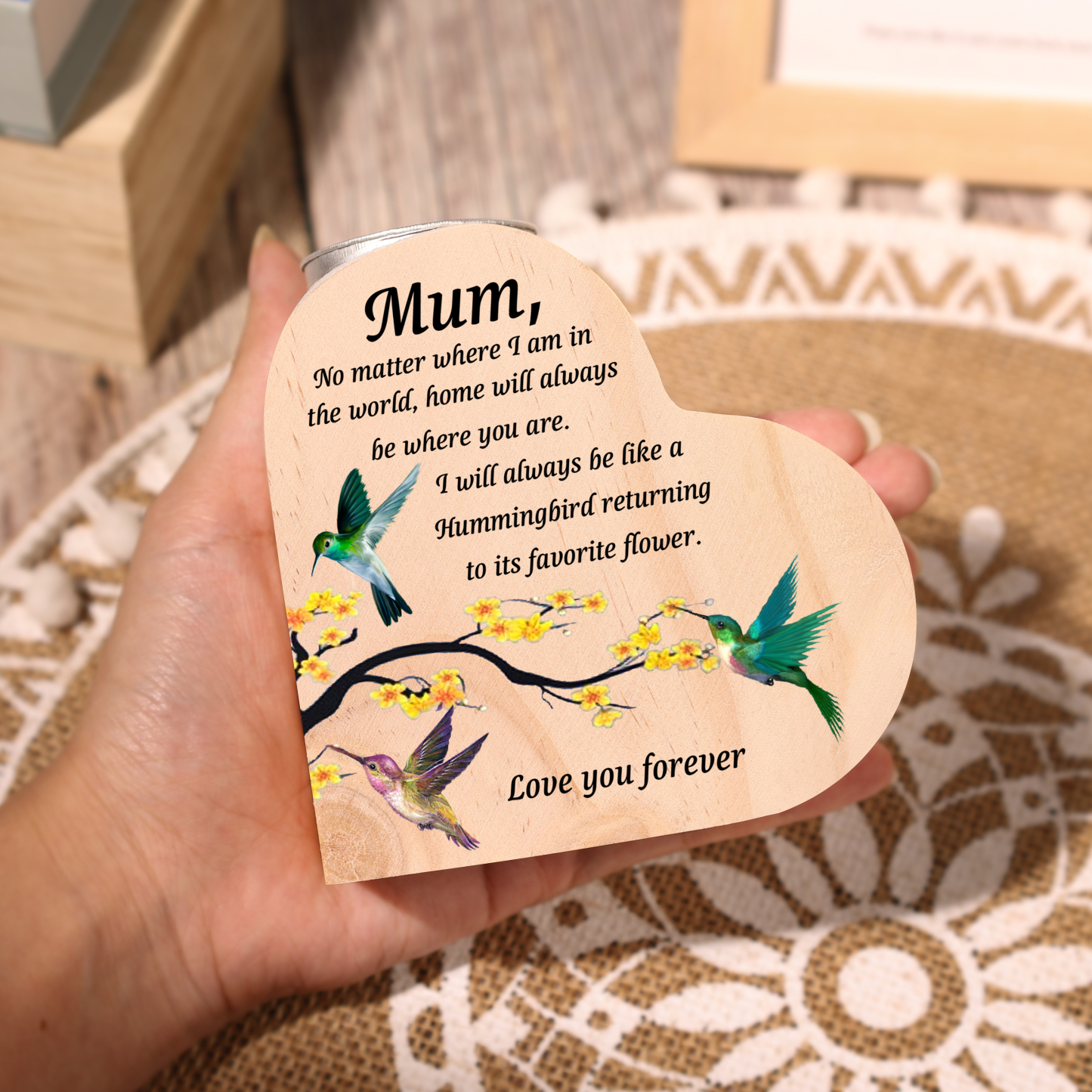To My Mum Hummingbird Heart Candle Holder "Home will always be where you are" Wooden Candlestick-Jessemade AU