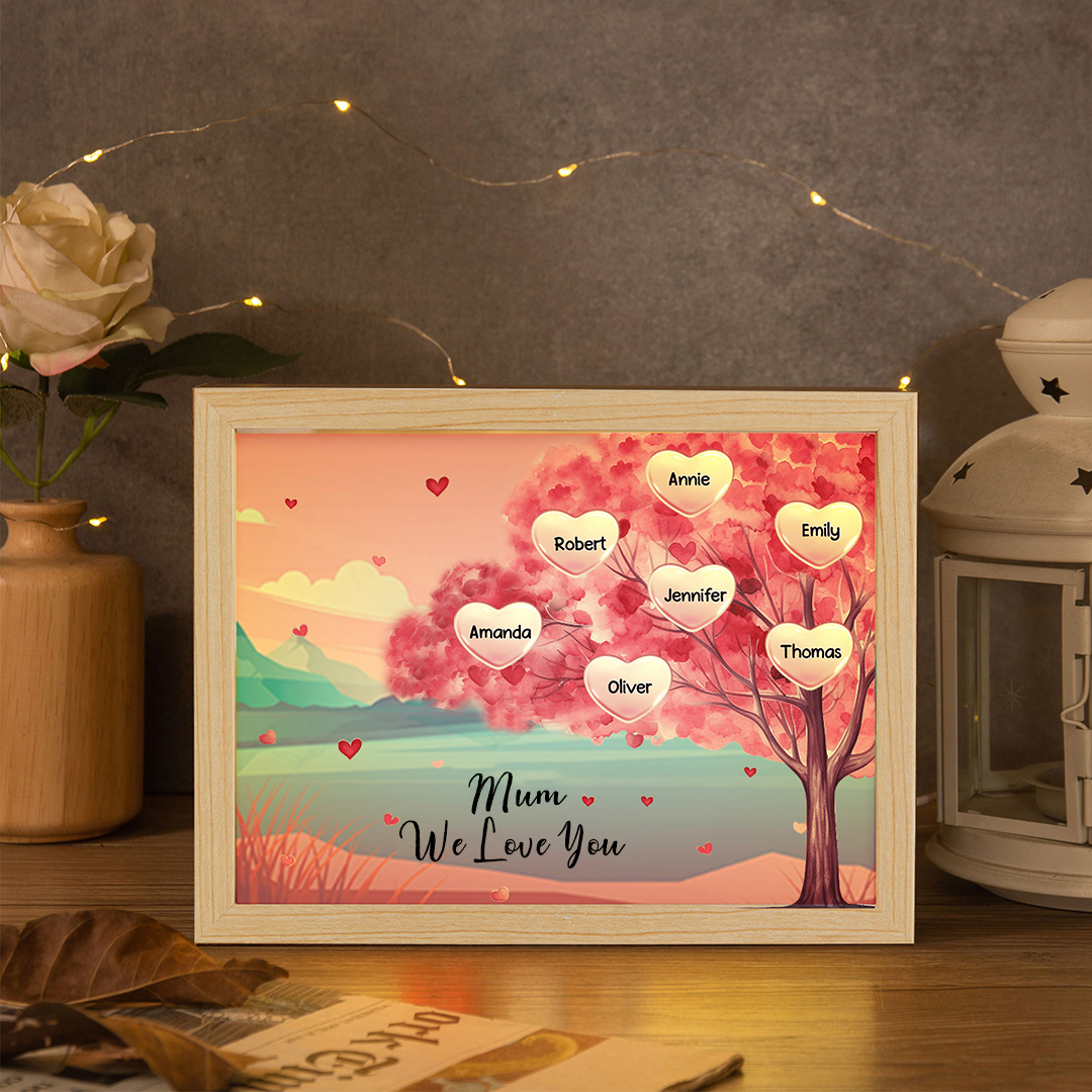 Personalised Frame Night Light Custom 1 Text & 7 Names Pink Family Tree Ornament Gifts for Mother/Grandma-Jessemade AU