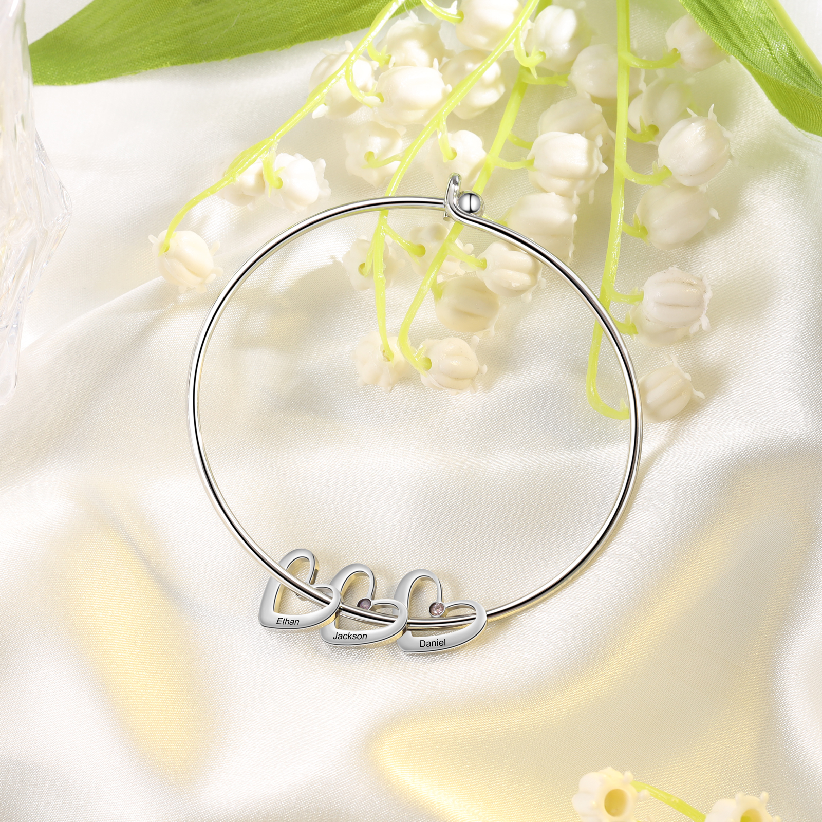 Personalised Heart Bangle With 3 Names and Birthstones Bangle Bracelet Mother's Day Gifts For women-Jessemade AU