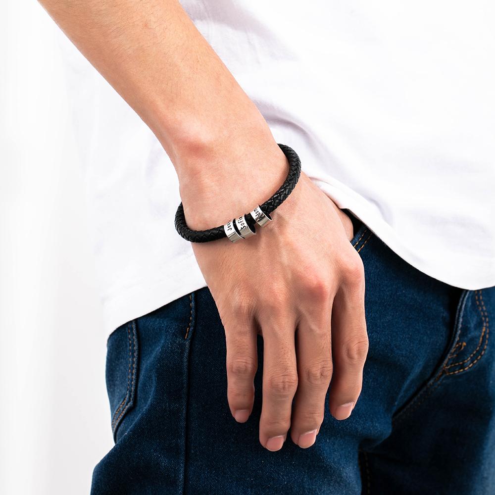 Men Leather Braided Rope Bracelet with 3 Custom Beads Engravable Black Bracelet Gifts for Him-Jessemade AU