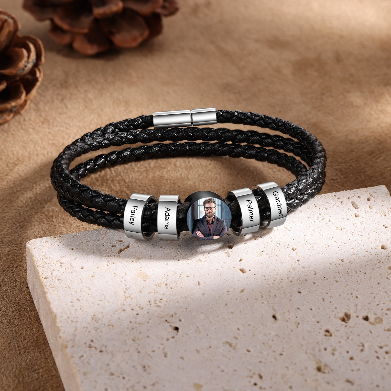 Personalised Photo Bracelet with 4 Names Leather Bracelet Beaded Wrap Bracelet-Jessemade AU