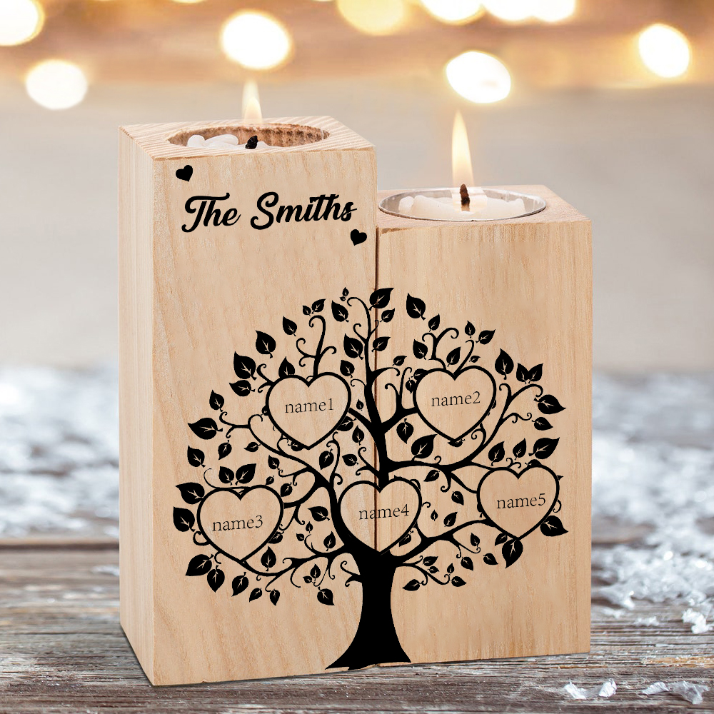 Family Name Wooden Heart Candle Holder Custom 5 Names Family Tree Candlesticks-Jessemade AU