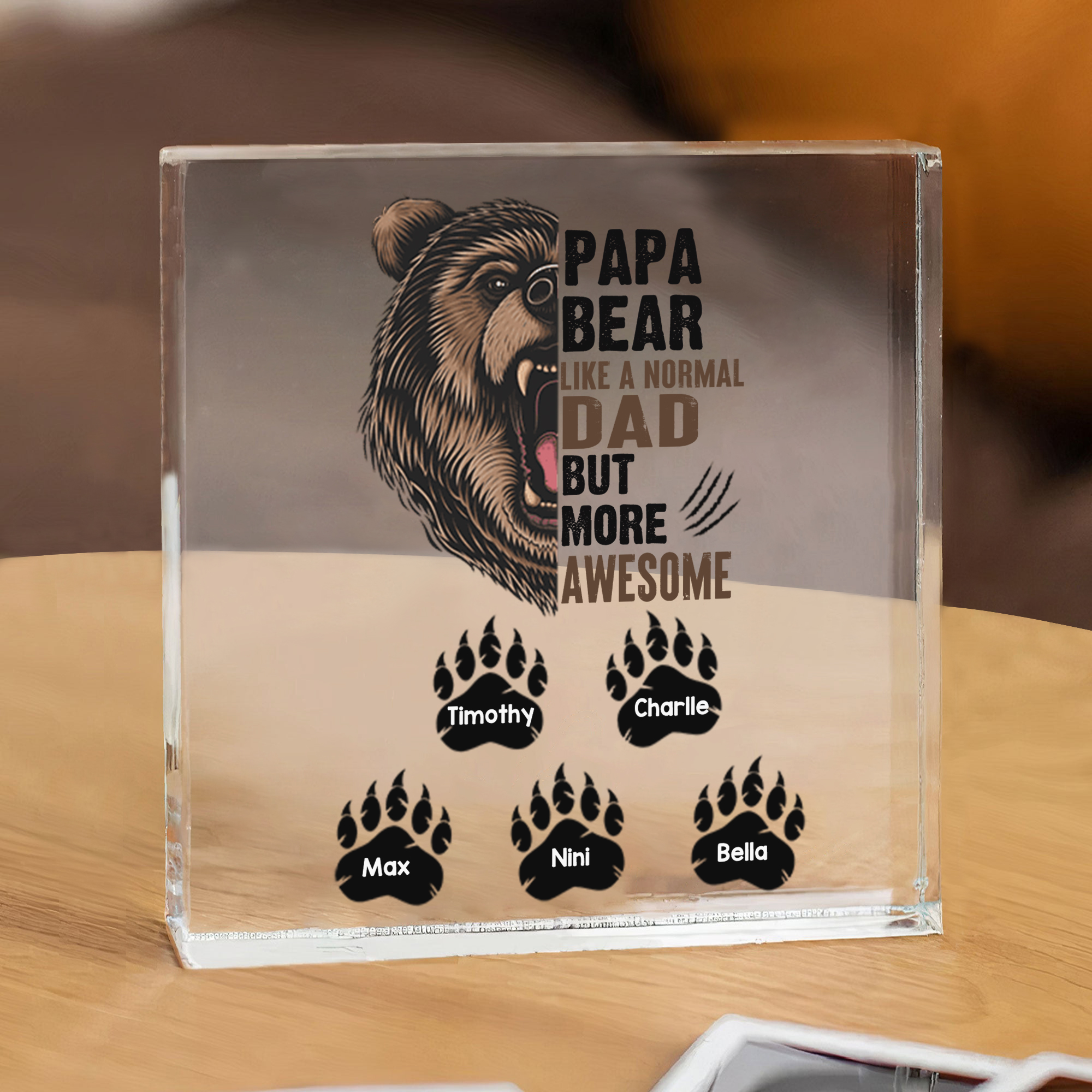 Personalised 5 Names Acrylic Square Keepsake Rectangle Plaque Father's Day Gifts - Papa Bear, Like Normal Dad But More Awesome-Jessemade AU