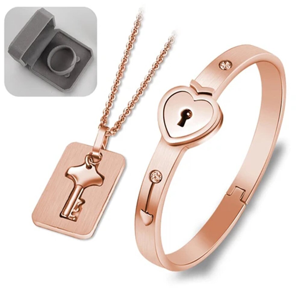 Key to My Heart Couple Key Necklace and Love Lock Bracelet Set