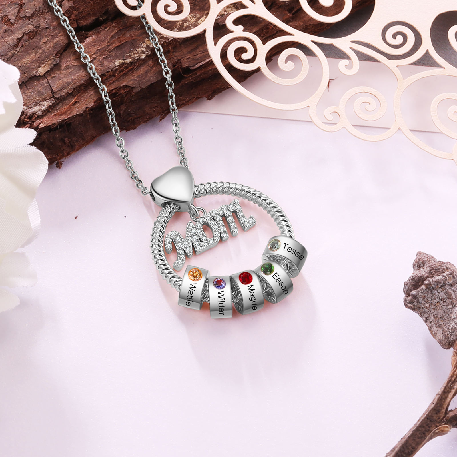 Personalised Necklace With 5 Birthstones Engraved Names Gift For Mother-Jessemade AU