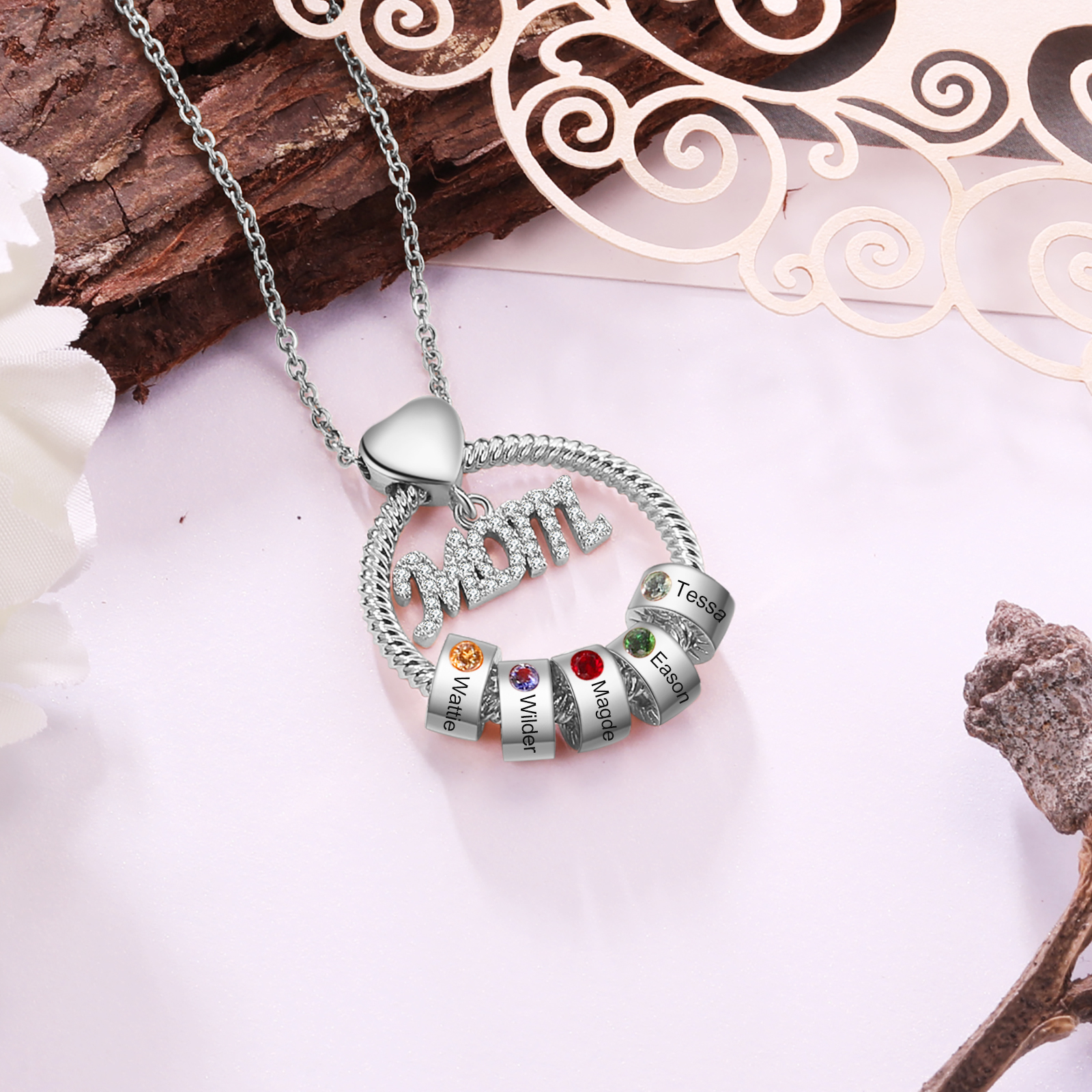 Personalised Necklace With 5 Birthstones Engraved Names Gift For Mother-Jessemade AU