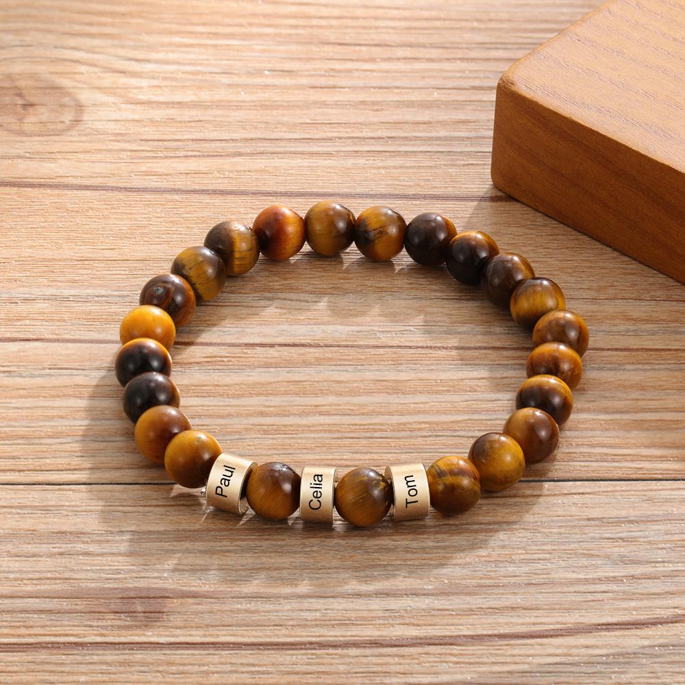 Personalised 4 names Brown Tiger Eye Men's Bracelet Gift For Him-Jessemade AU