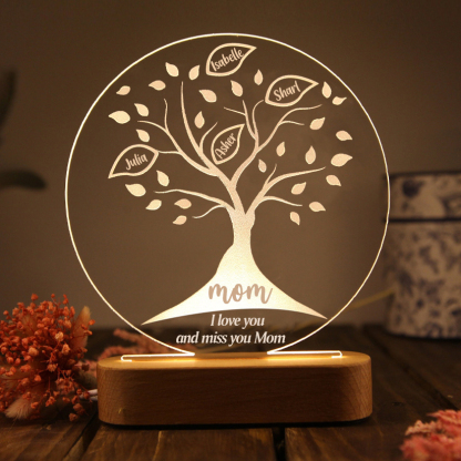 Personalised Family Tree Night Light Engraved 4 Names Wooden LED Lamp-Jessemade AU