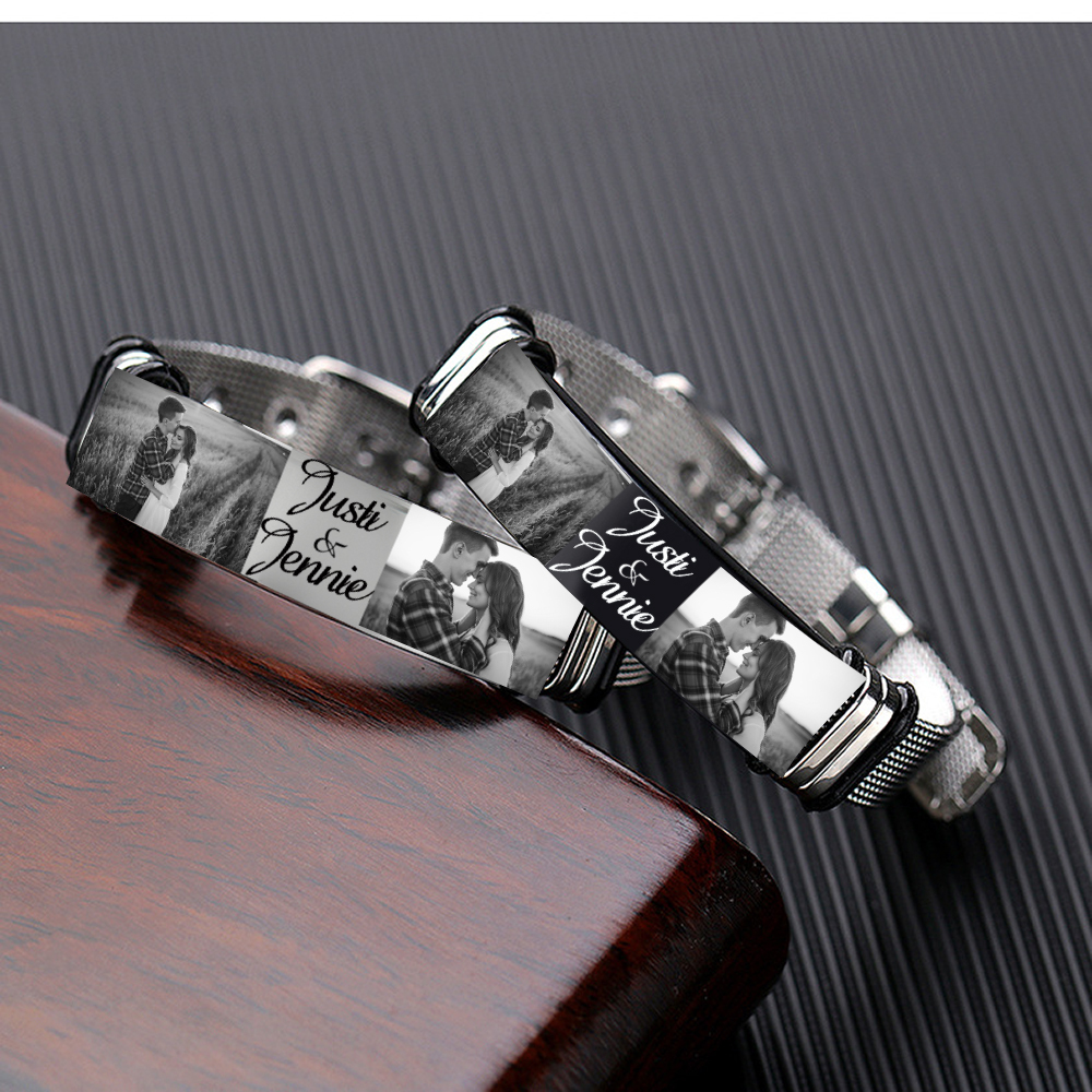 Personalised ID Bar Bracelet Engraved 2 Photos Men Women Bracelet-Jessemade AU