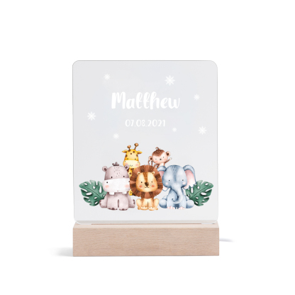 Personalised Name Night Light Animal Zoo Wood LED Night Light Custom Date Nursery Birthday Gifts For Children-Jessemade AU