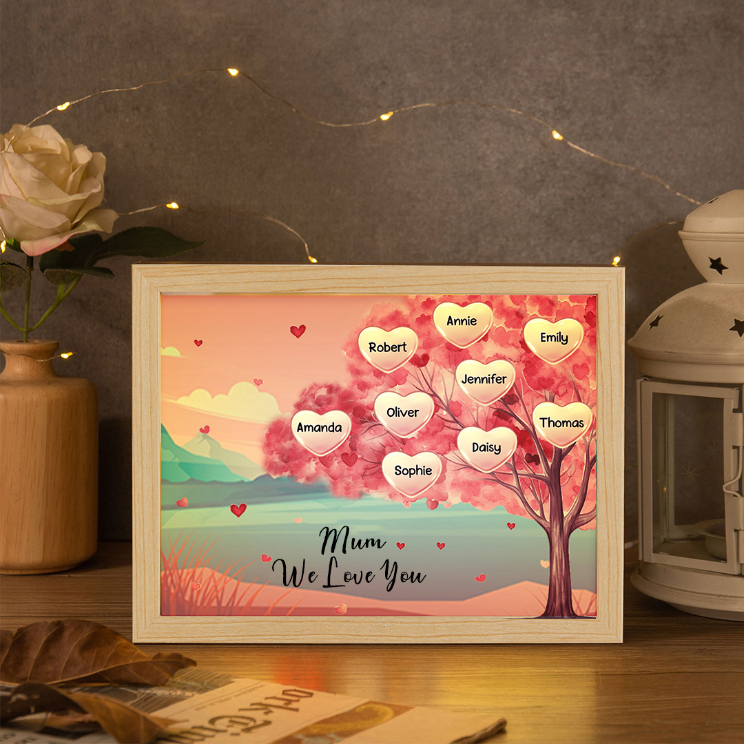 Personalised Frame Night Light Custom 1 Text & 9 Names Pink Family Tree Ornament Gifts for Mother/Grandma-Jessemade AU