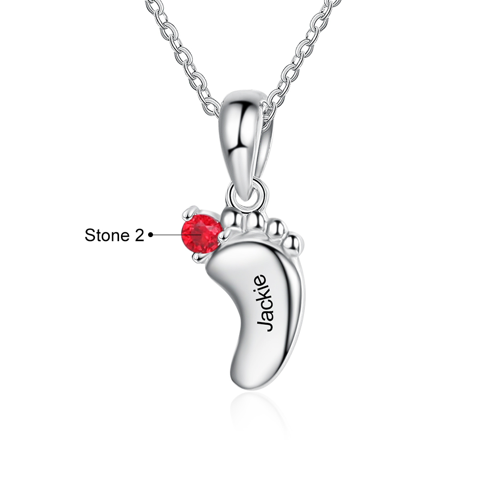 Personalised Baby Foot Necklace With 1 Birthstone Engraved Names Gift For Mother-Jessemade AU