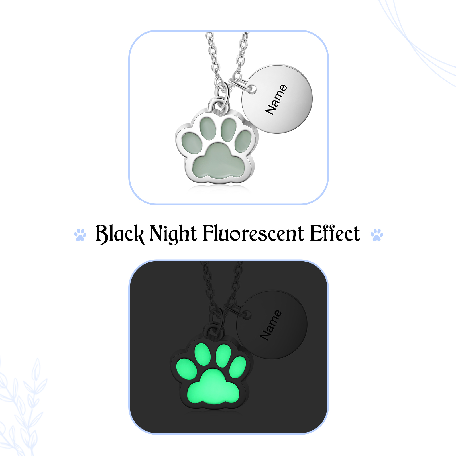 Personalised Dog Paw Pendant Necklace Customised Name Fluorescent Necklace Creative Gift for Her/Him-Jessemade AU
