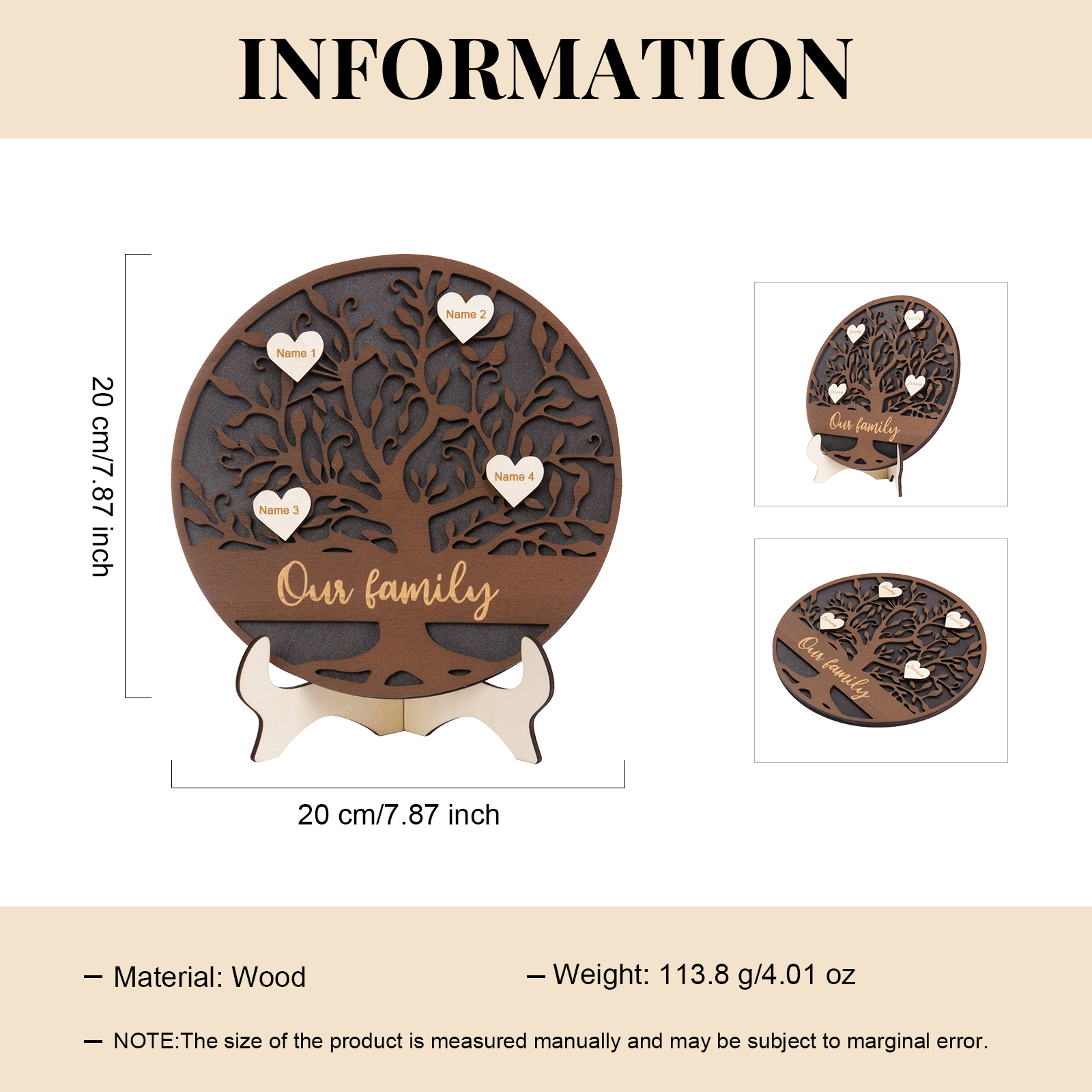 Wooden Family Tree Sign Engrave 4 Names Keepsake Gifts-Jessemade AU