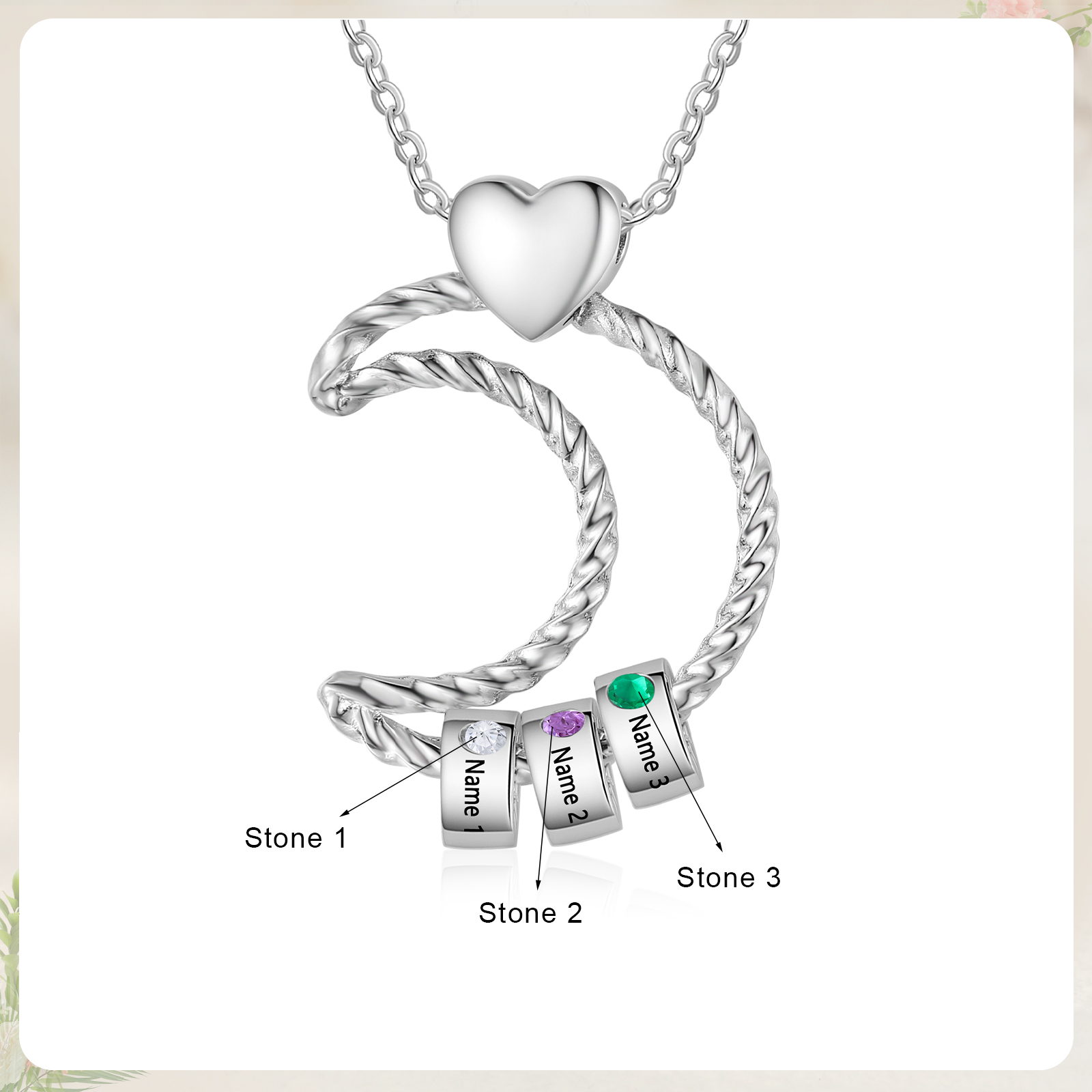 3 Names - Personalised Moon Pendant Necklace Custom Birthstones & Names Necklace Gift for Her-Jessemade AU