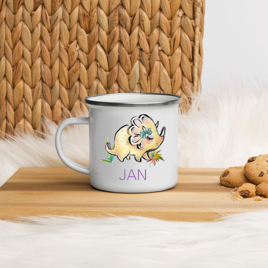Personalised Enamel Mug Customised Name Dinosaur Cup Camping Mug Birthday Gift for Kids - Triceratops-Jessemade AU
