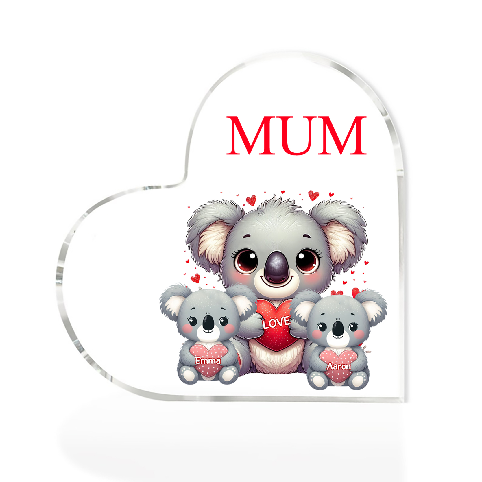 Personalised Acrylic Heart Keepsake Custom 1 Text & 2 Names Ornament Koala Family Gifts for Mother/Grandma-Jessemade AU