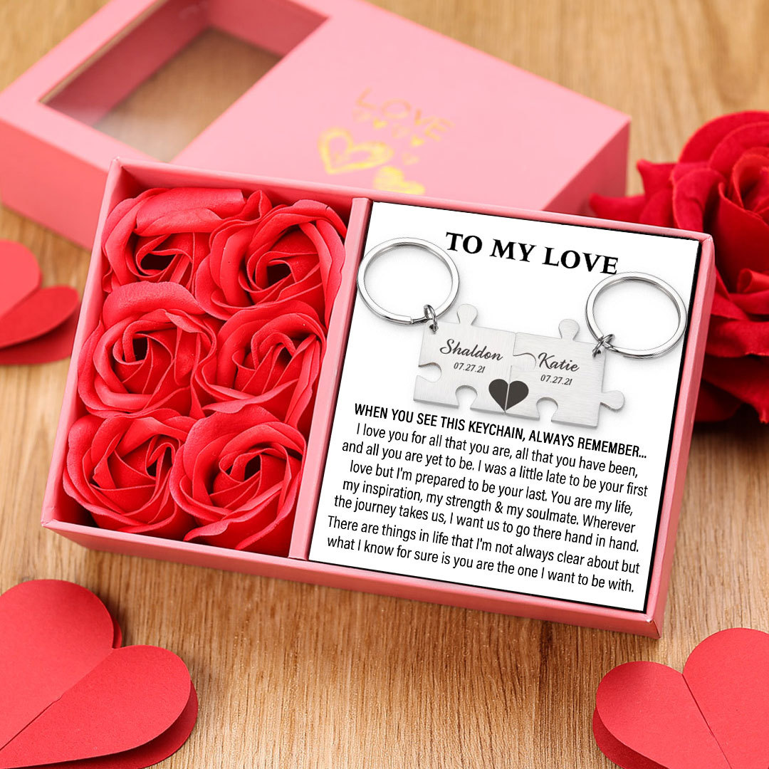 Puzzle Keychain Set Personalised 2 Names & Date Interlocking Keychain for Couple-Jessemade AU