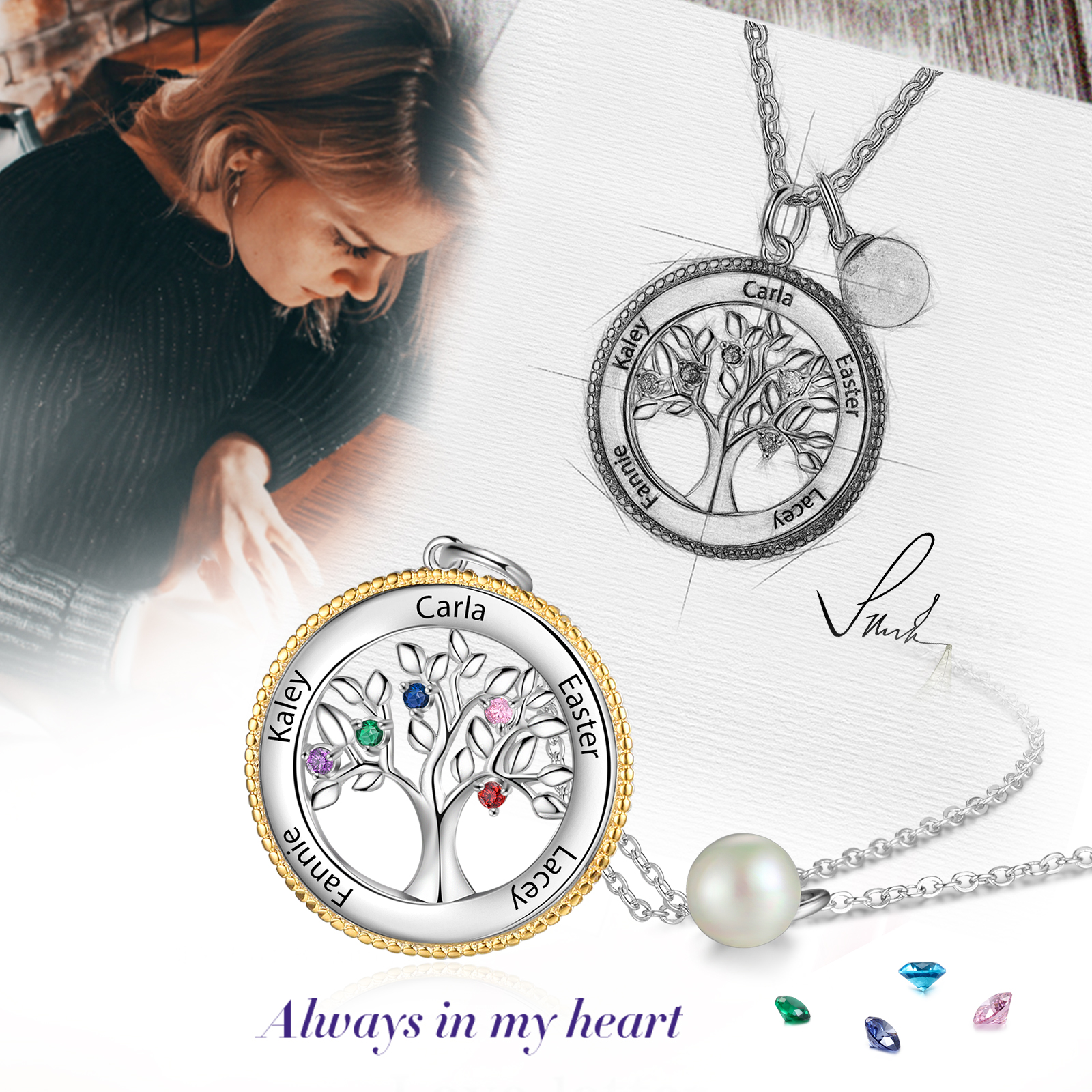 Personalised Family Tree Necklace With 5 Birthstones Engraved Names Necklace Gift For Women-Jessemade AU