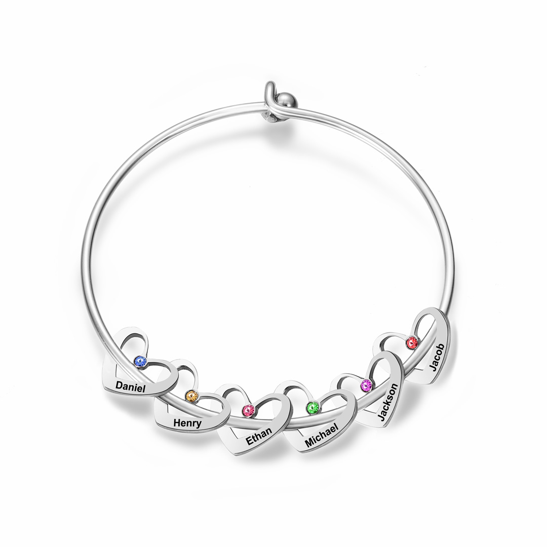 Personalised Heart Bangle With 6 Names and Birthstones Bangle Bracelet Mother's Day Gifts For women