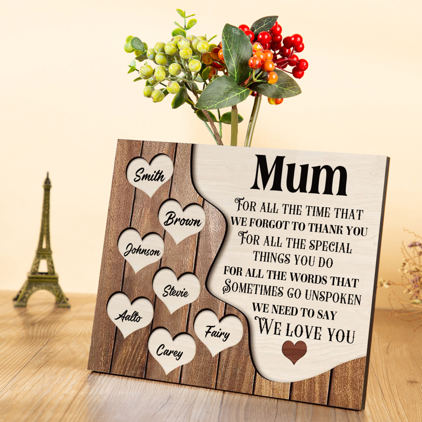 7 Names - Personalised Mum Wooden Plaque Custom Names Home Decoration Hearts Gift for Mother-Jessemade AU