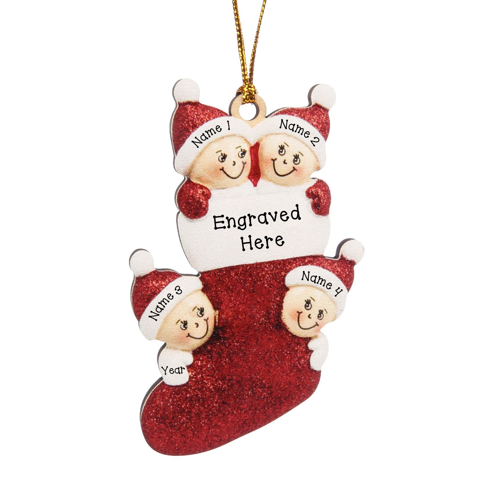4 Names - Personalised Christmas Stocking Ornament Customised Name & Text & Year Wooden Hanging Ornaments Christmas Gift for Family