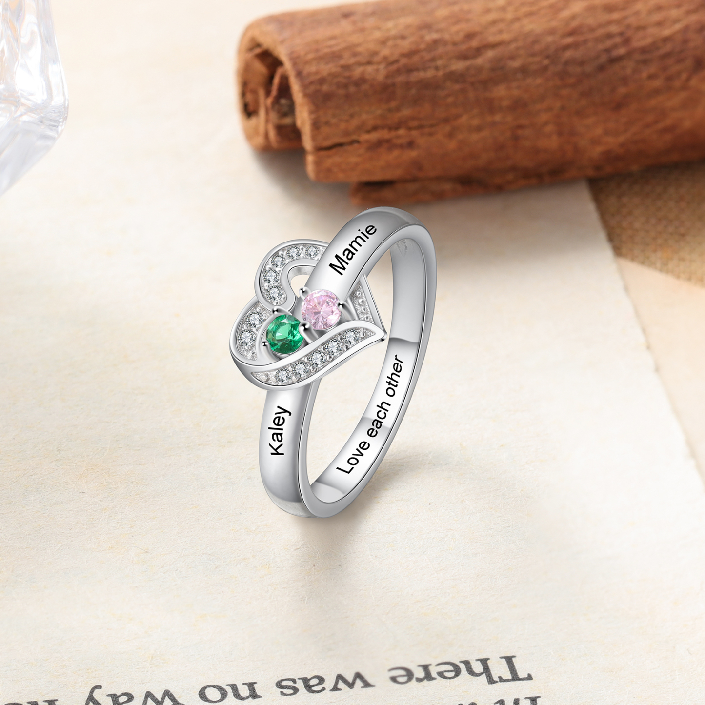 Personalised Heart Ring With 2 Birthstones Engraved Names Ring Gift For Women-Jessemade AU
