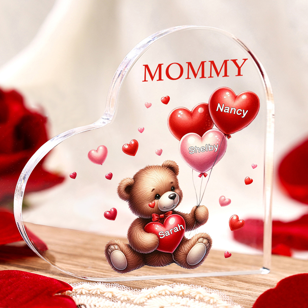 3 Names - Personalised Acrylic Heart Keepsake Custom Text Teddy Bear Balloon Ornaments Gifts for Grandma/Mother-Jessemade AU