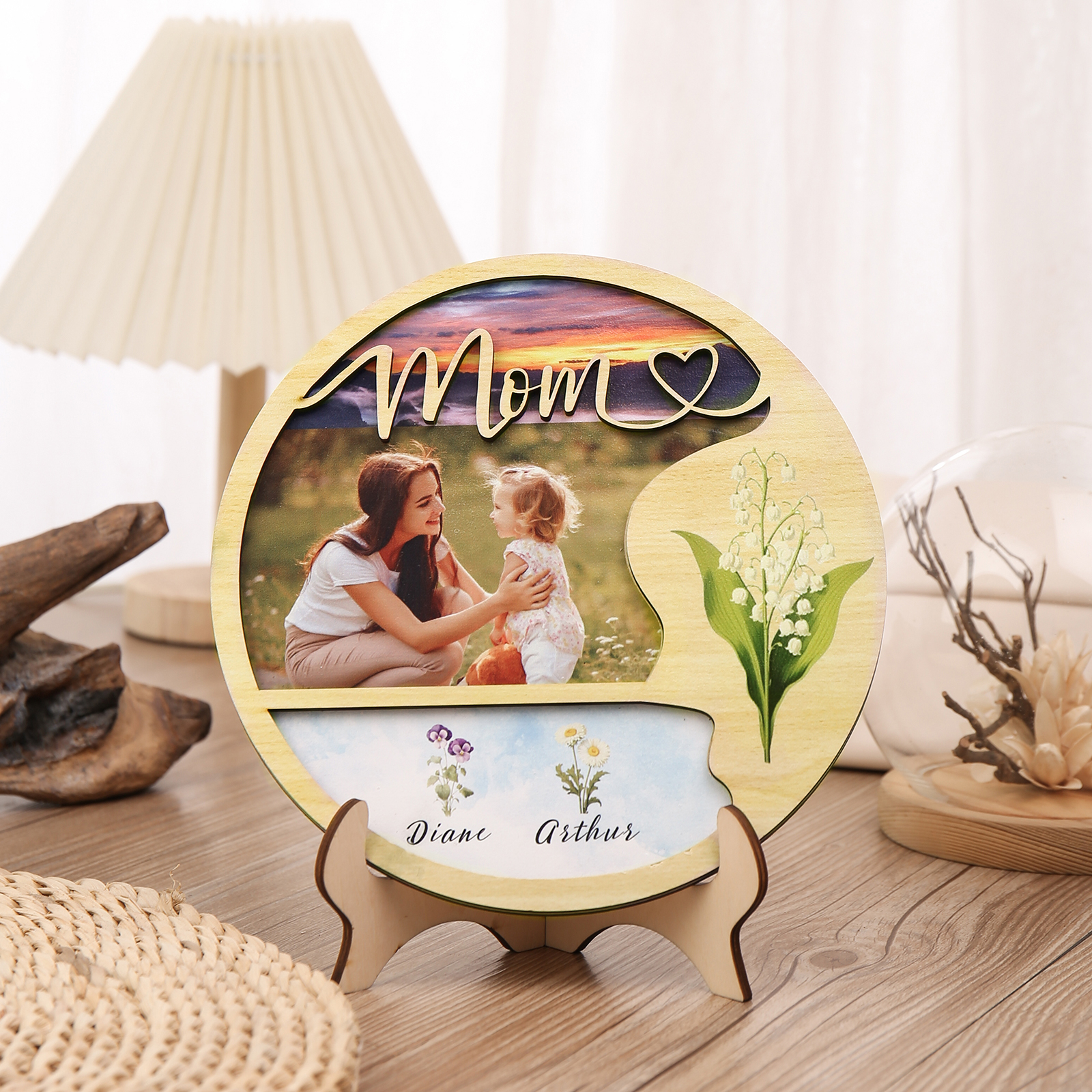 Personalised Photo & Text Wooden Plaque Custom 3 Birth Flowers & 2 Names Wooden Sign With Stand Gifts for Mum/Nana-Jessemade AU
