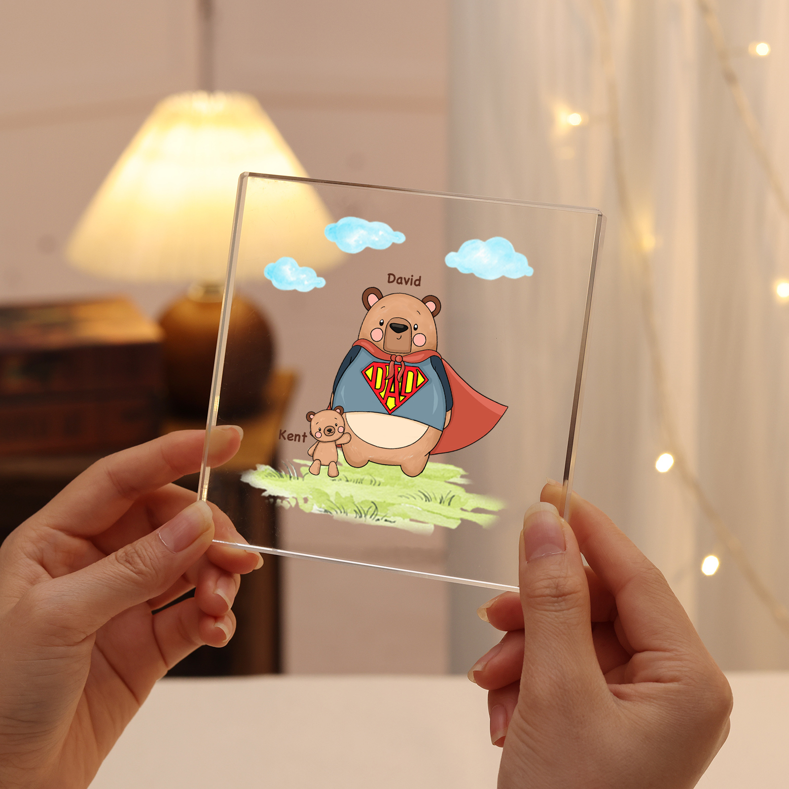 Personalised 2 Names & 1 Text Acrylic Square Keepsake Super Bear Family Rectangle Plaque Gifts for Father/Grandpa-Jessemade AU