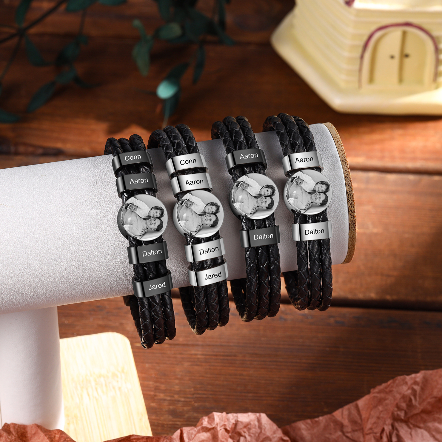 Personalised Men's Leather Bracelet Custom 1 Name & 1 Photo Braided Bracelet Father's Day Gifts for Him-Jessemade AU